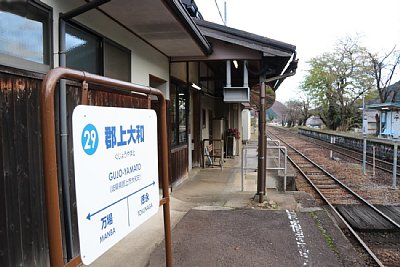 駅名標と駅舎と構内踏切