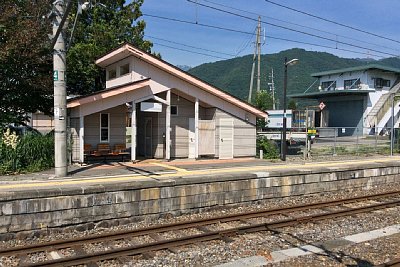 相対式ホームから駅舎を見る