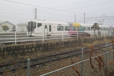 霧の中でE257系電車が停車しています